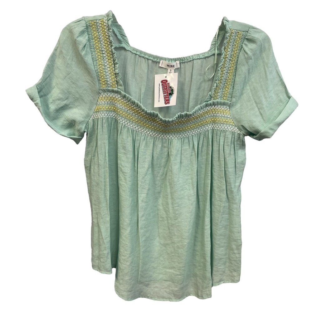 MINE‎ Smocked Square Neck Top Womens Small Short Sleeve Green Blouse